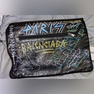 Balenciaga Graffiti Leather Clutch (Black)